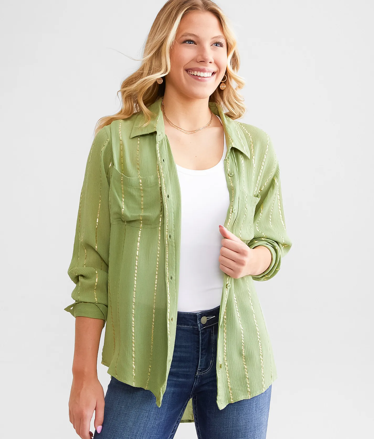 Tops | Daytrip Metallic Striped Shirt Sage
