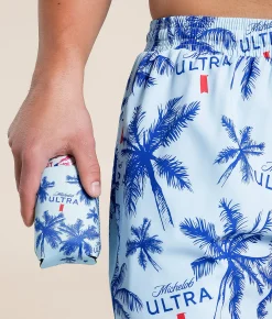 Bottoms|Swimwear | Tropical Bros Michelob Ultra Palm Fronds Swim Trunks Blue