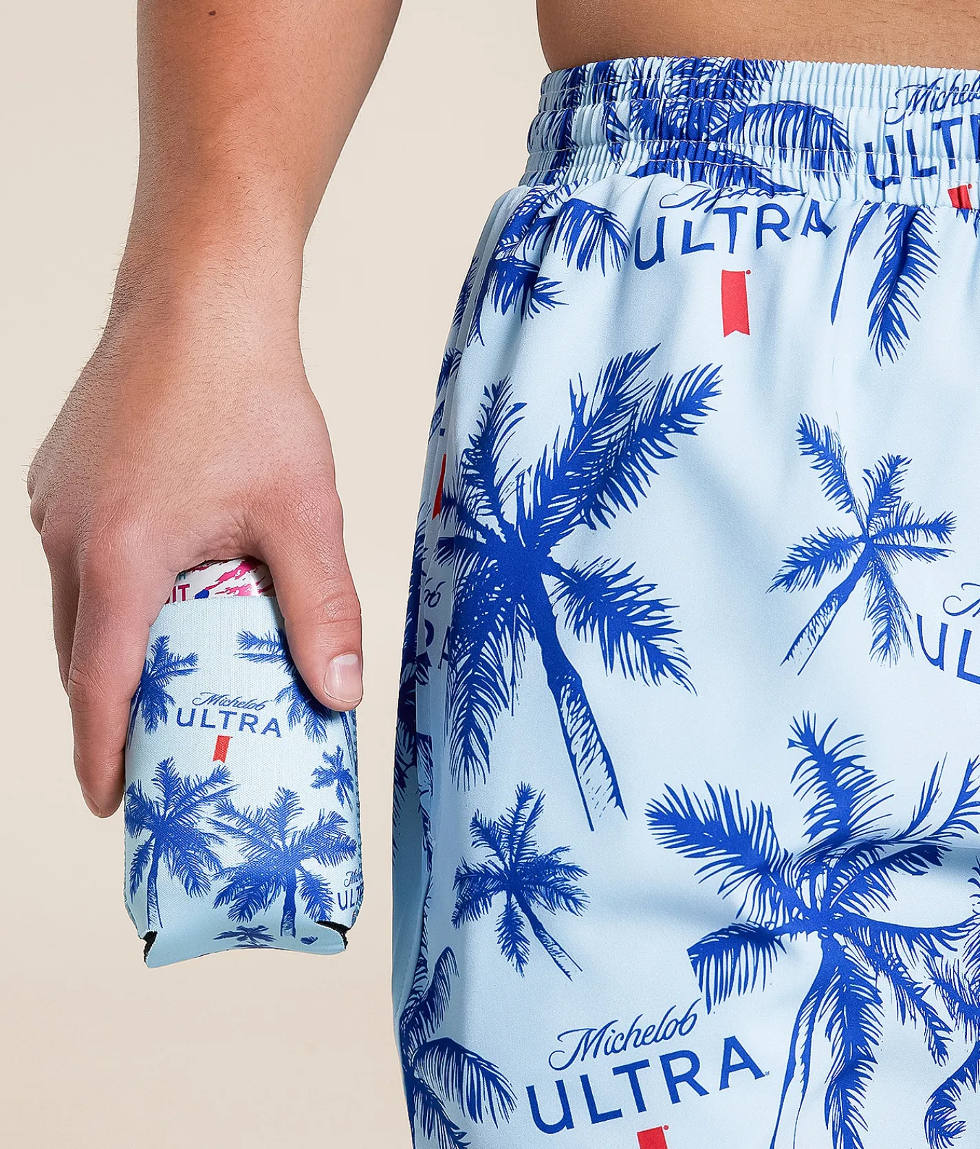Bottoms|Swimwear | Tropical Bros Michelob Ultra Palm Fronds Swim Trunks Blue