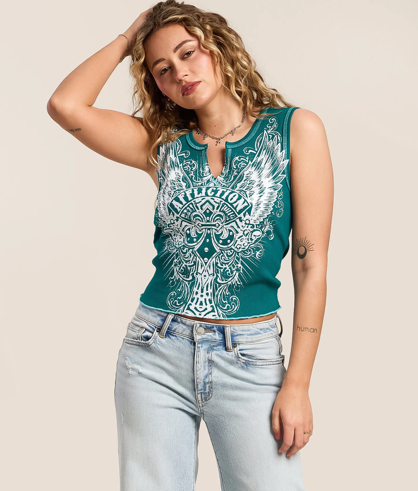 Tops | Affliction Middleham Canyon Tank Top Teal Reactive