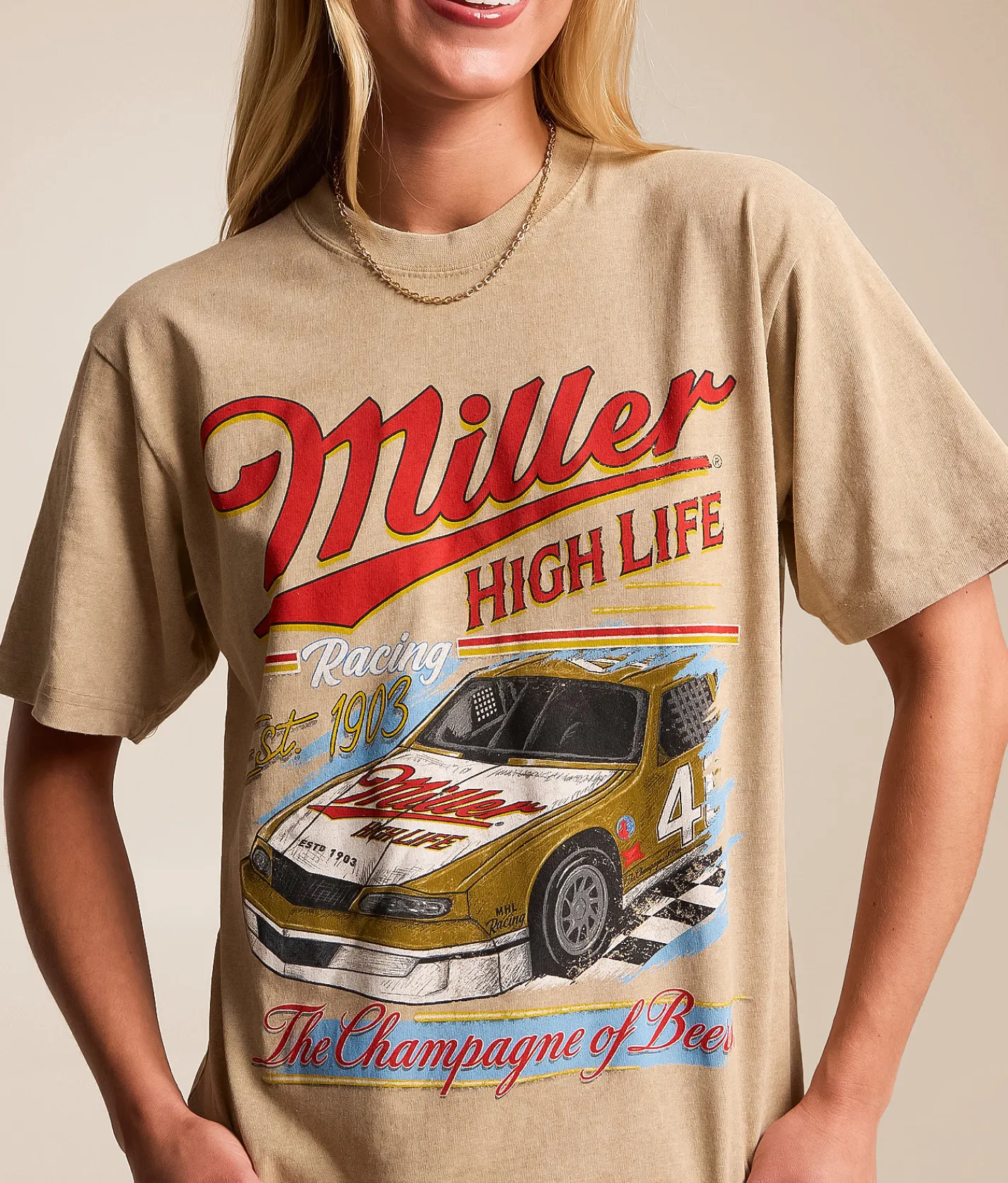 Tops | Changes Miller High Life Racing Oversized T-Shirt Mineral Beige