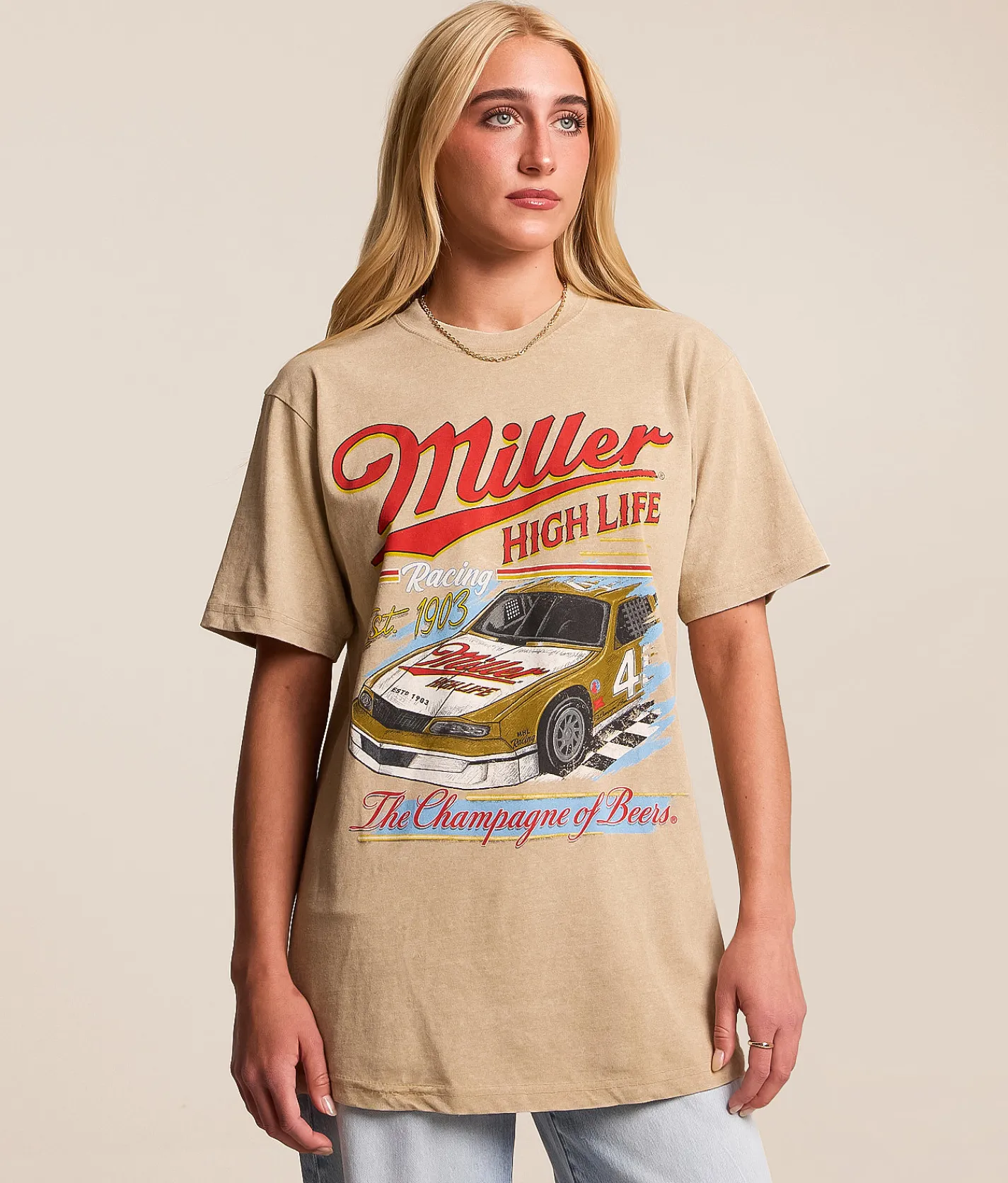 Tops | Changes Miller High Life Racing Oversized T-Shirt Mineral Beige