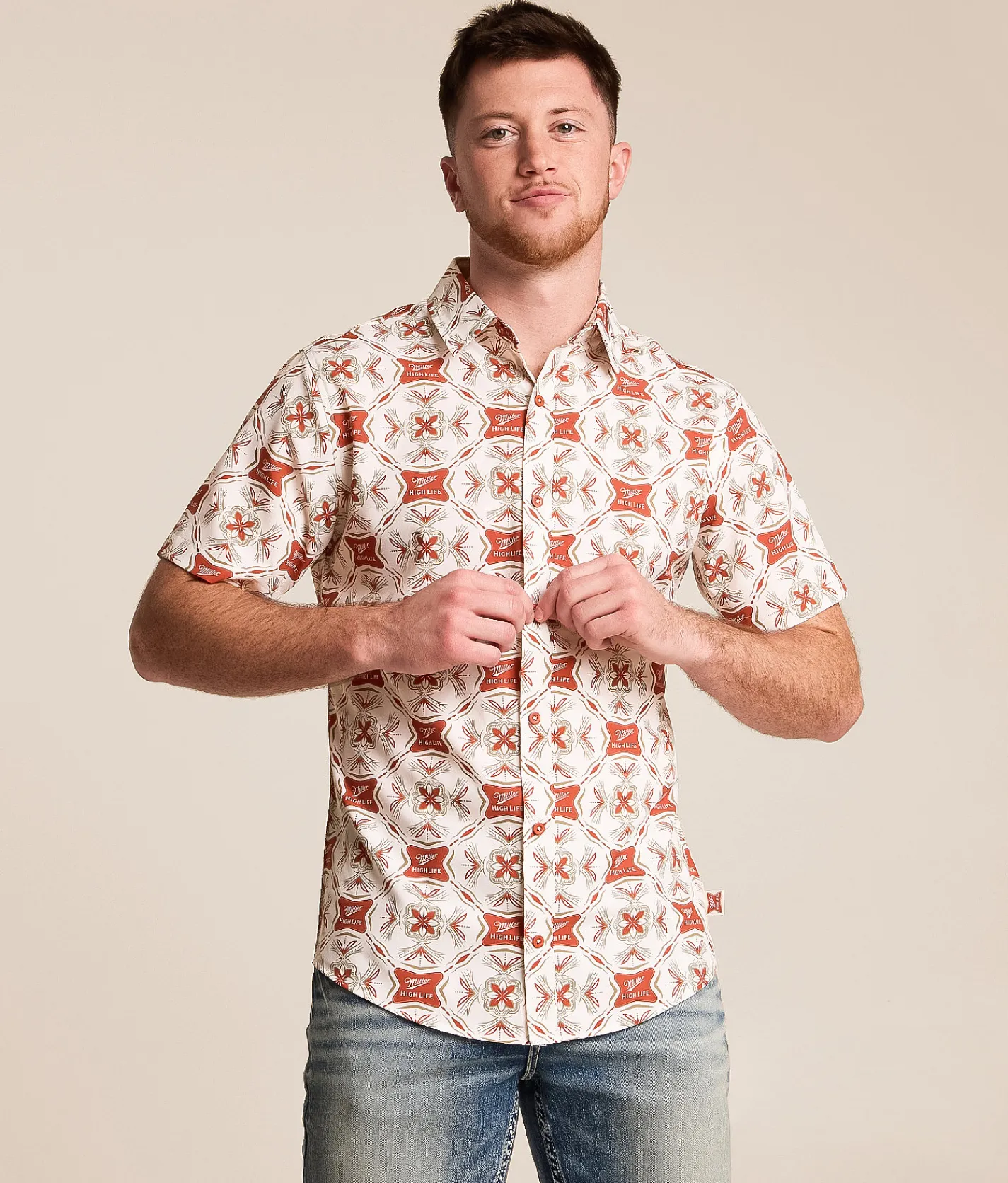 Tops | Catalyst Miller High Life Stretch Shirt White Red Brown