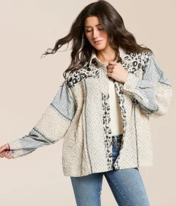 POL Missed Media Oversized Shacket Blue Multi Discount