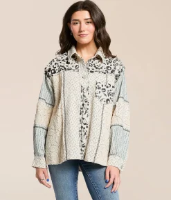 POL Missed Media Oversized Shacket Blue Multi Discount