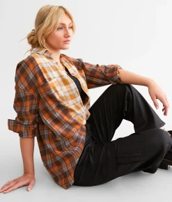 Tops | BKE Mixed Flannel Boyfriend Shirt Brown Blue