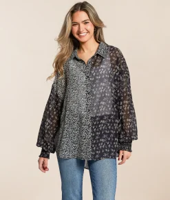 Tops | Acoa Mixed Floral Chiffon Blouse Navy