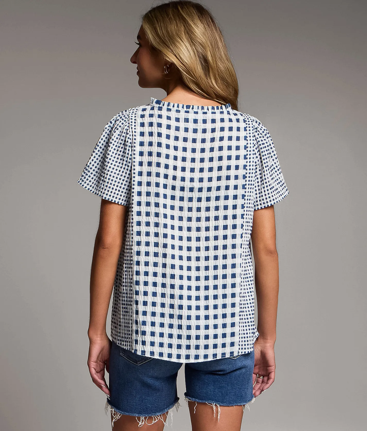 Tops | BKE Mixed Gingham Top Navy Cream