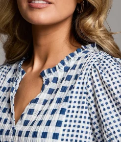 Tops | BKE Mixed Gingham Top Navy Cream