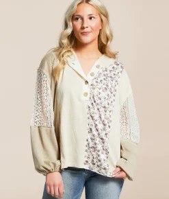 Daytrip Mixed Knit Henley Hoodie Cream Tan Pink Floral Clearance