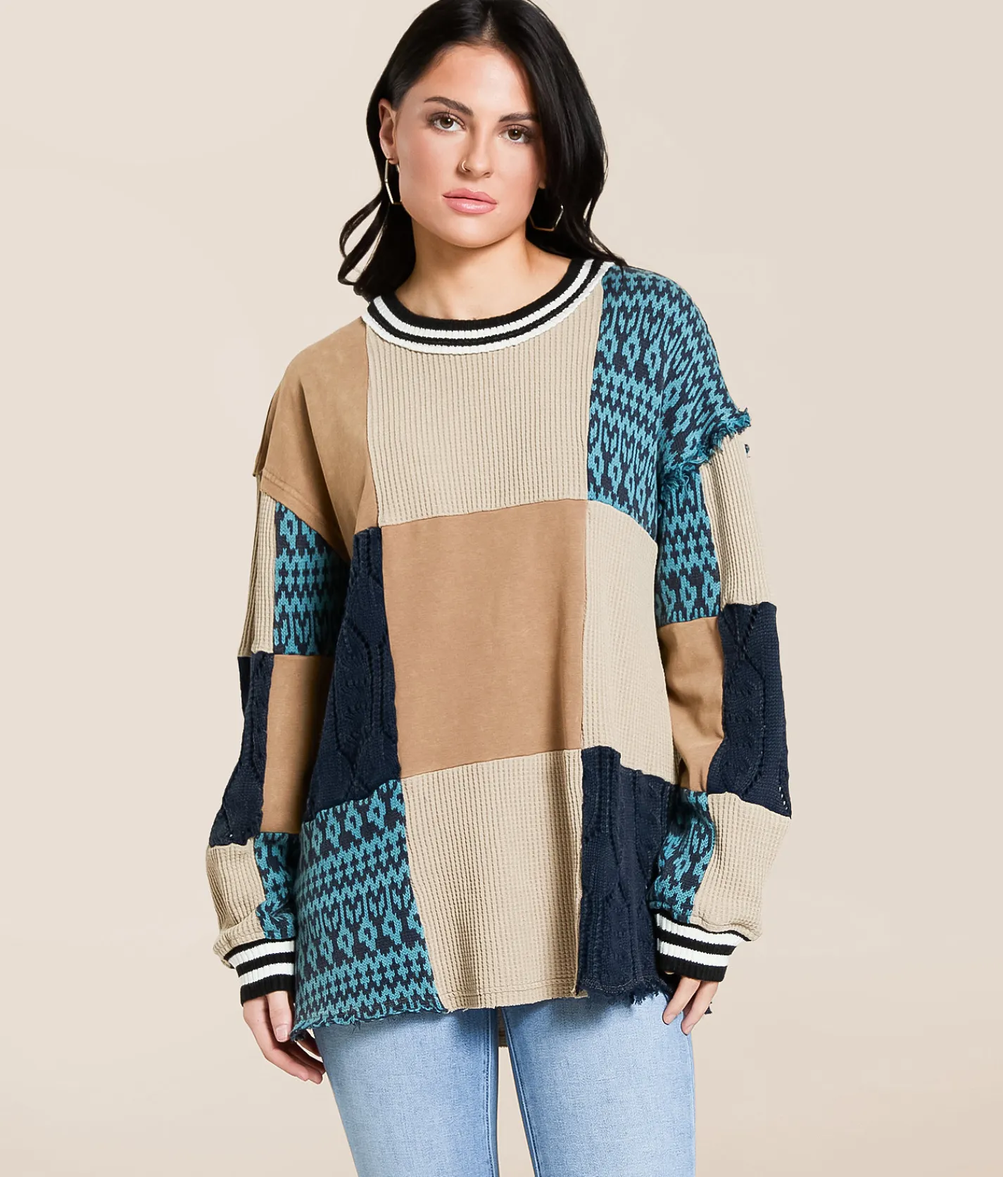 Tops | Gilded Intent Mixed Media Oversized Pullover Beige Multi