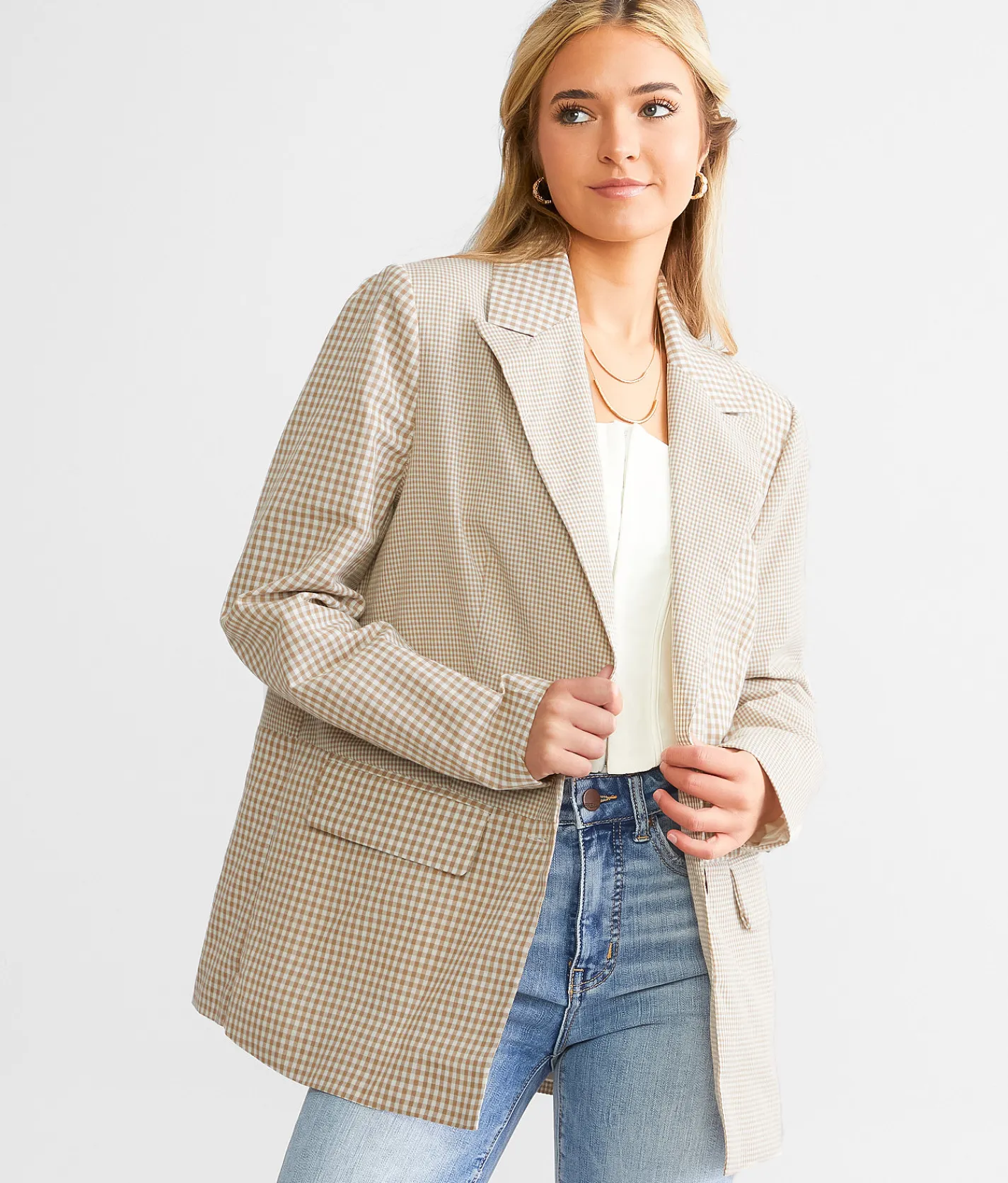 Tops|Coats & Jackets | Willow & Root Mixed Plaid Blazer Tan White