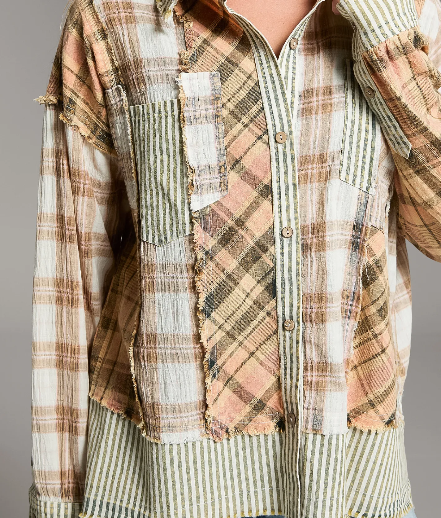 Tops | BKE Mixed Plaid Shirt Beige Olive