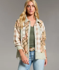 Tops | BKE Mixed Plaid Shirt Beige Olive