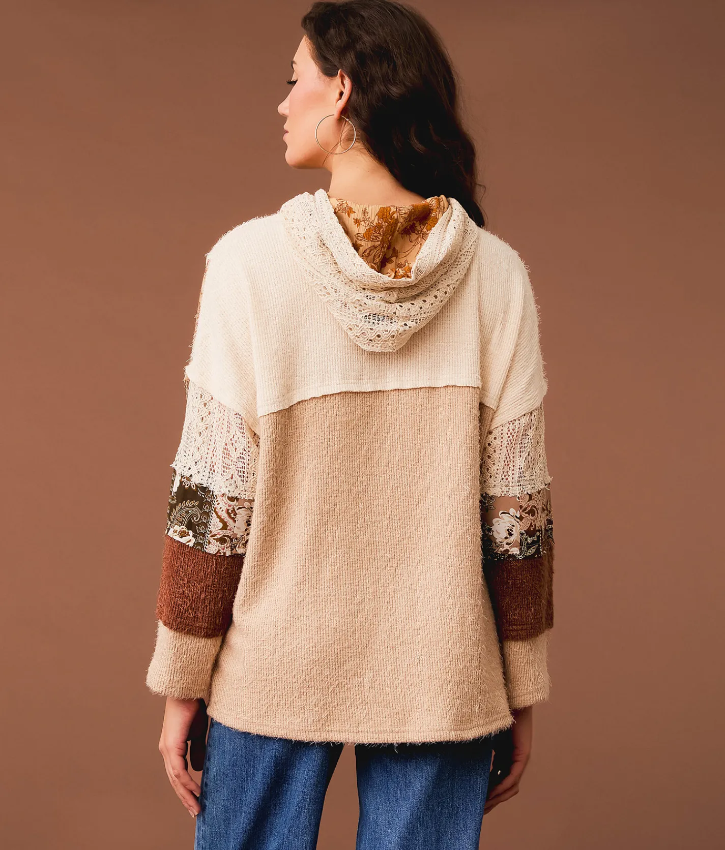 Tops | Gimmicks Mixed Rib Knit Hoodie Brown Multi