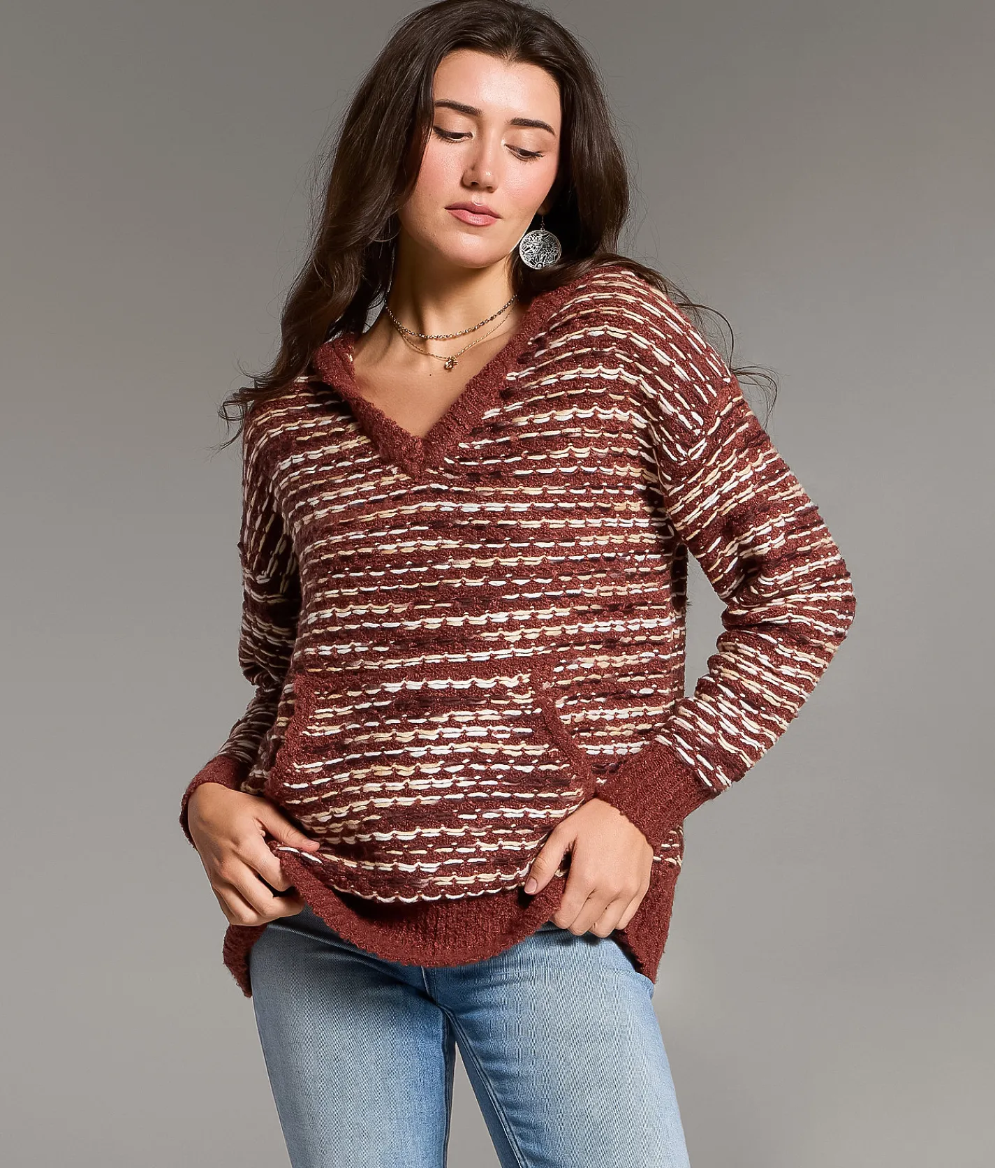 BKE Mixed Stitch Hooded Sweater Burgundy Hot