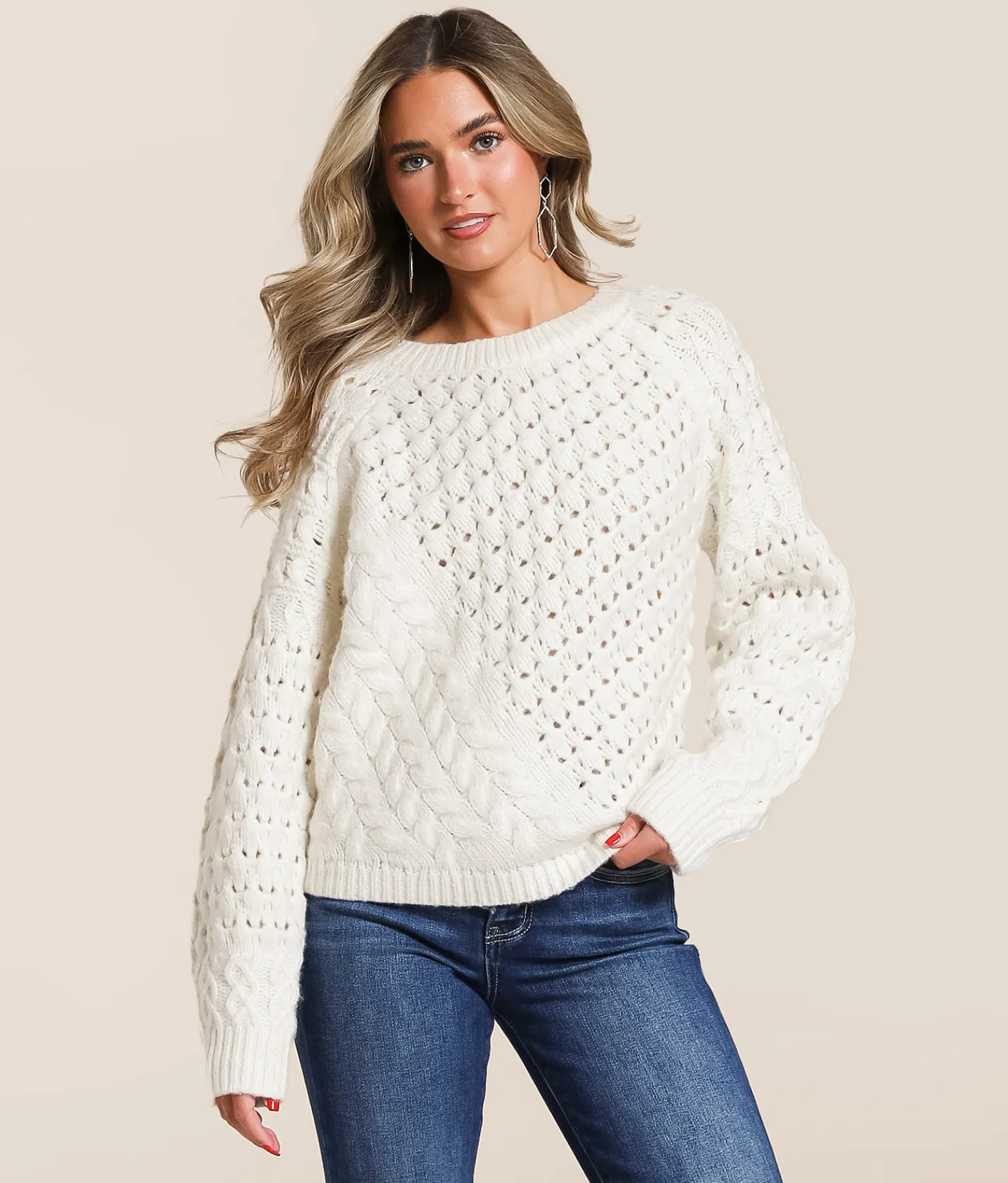 Willow & Root Mixed Stitch Sweater White New
