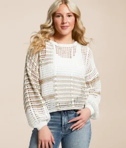 Tops | Blu Pepper Mixed Stripe Cropped Sweater Taupe Multi
