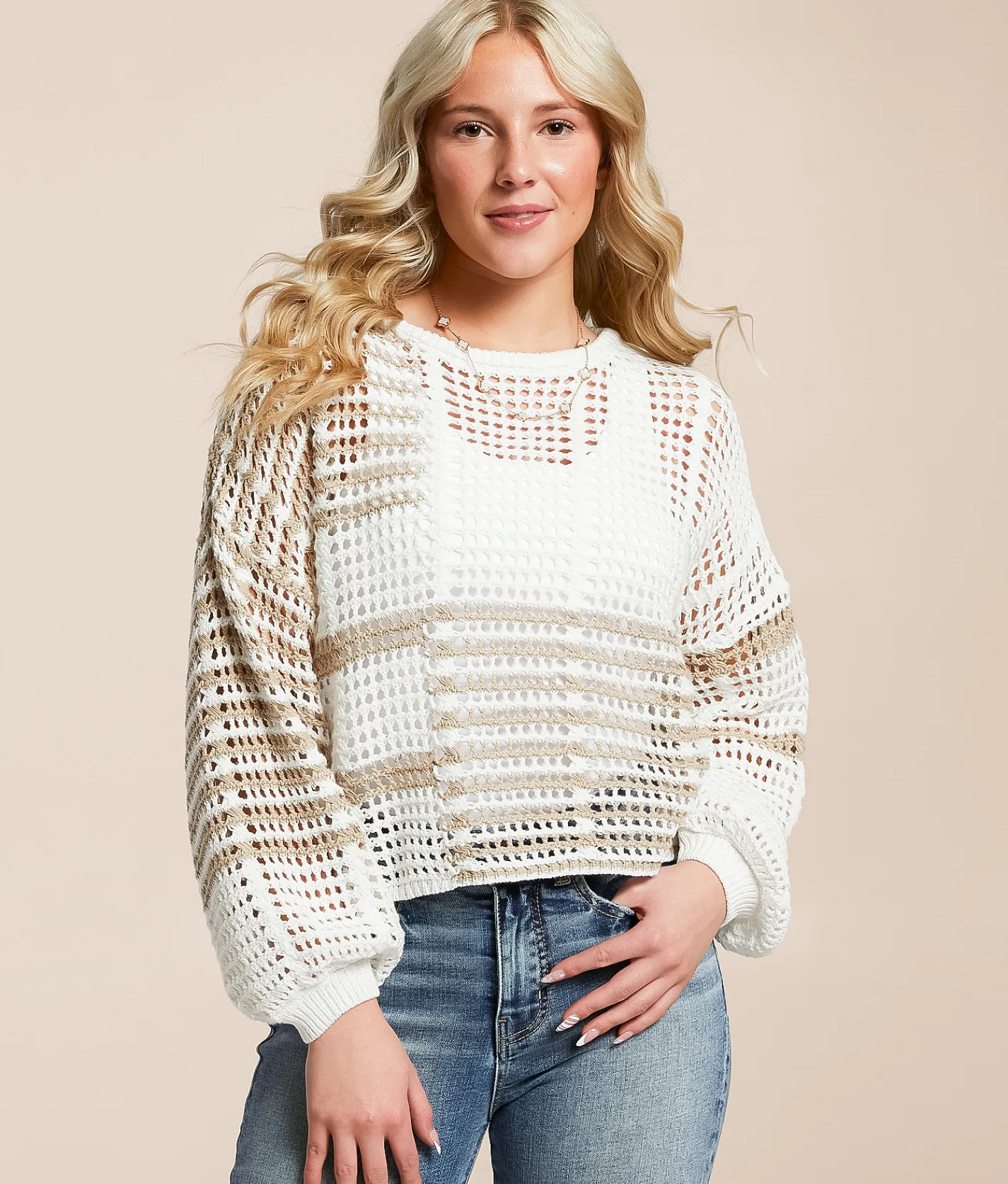 Tops | Blu Pepper Mixed Stripe Cropped Sweater Taupe Multi