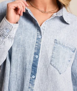 Tops | New In Mixed Stripe Denim Shirt Lt Indigo