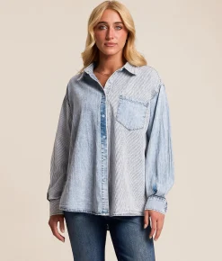 Tops | New In Mixed Stripe Denim Shirt Lt Indigo