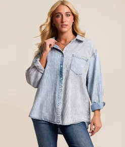 Tops | New In Mixed Stripe Denim Shirt Lt Indigo