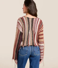 Tops | Gilded Intent Mixed Stripe Eyelash Fringe Sweater Brown and Cream