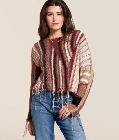 Tops | Gilded Intent Mixed Stripe Eyelash Fringe Sweater Brown and Cream