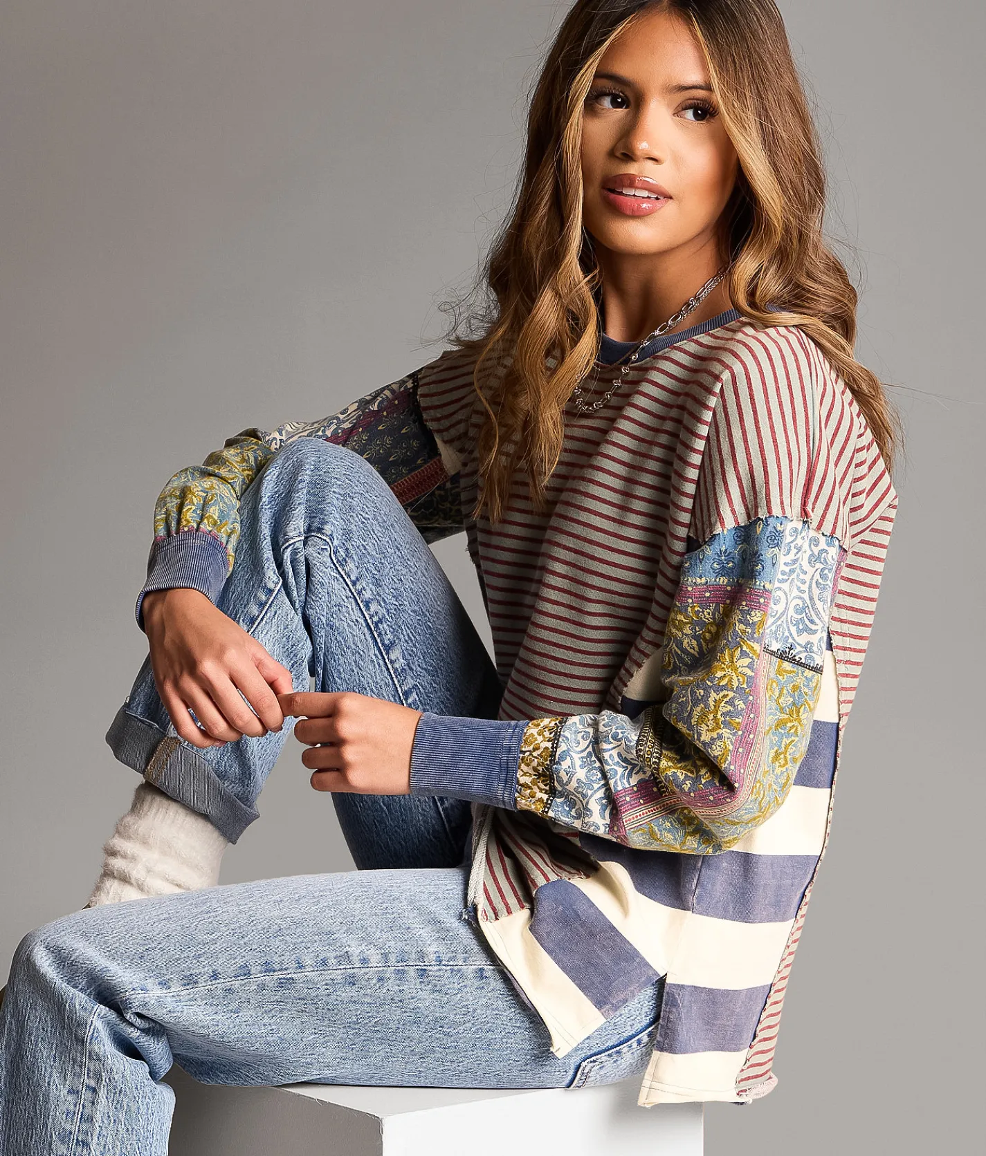 BKE Mixed Stripe Oversized Pullover Assorted Discount