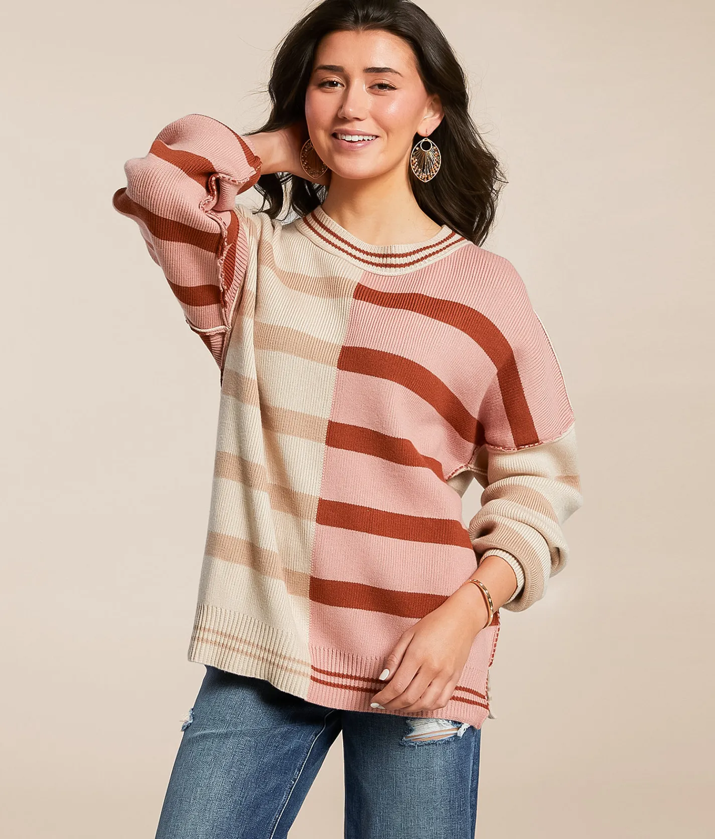 New In Mixed Stripe Oversized Sweater Ecru