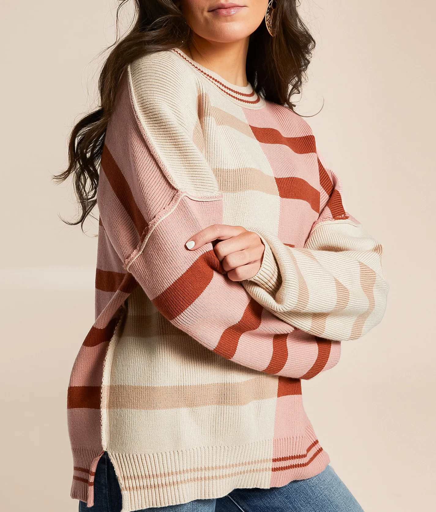 New In Mixed Stripe Oversized Sweater Ecru