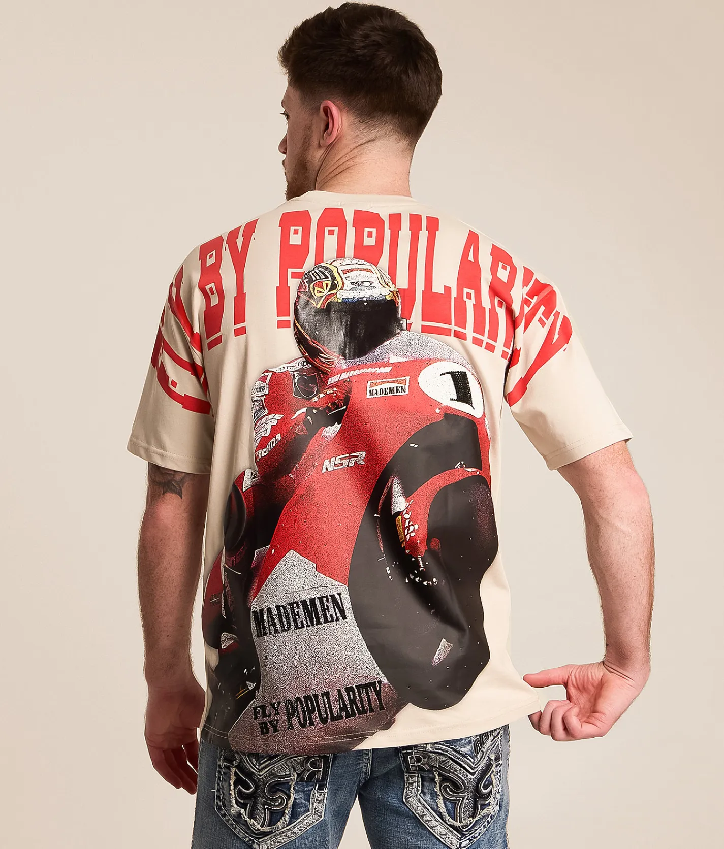 Tops|Graphic T-Shirts | FLY by Popularity Motorcycle Oversized T-Shirt Tan