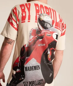 Tops|Graphic T-Shirts | FLY by Popularity Motorcycle Oversized T-Shirt Tan