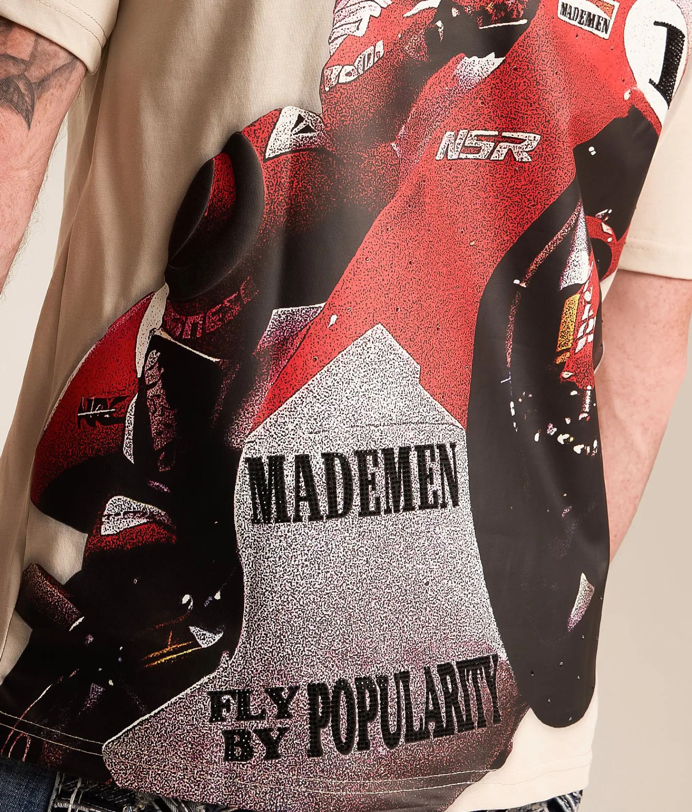 Tops|Graphic T-Shirts | FLY by Popularity Motorcycle Oversized T-Shirt Tan