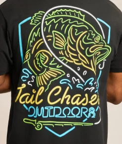 Tops|Graphic T-Shirts | Tail Chasers Club Neon Bass T-Shirt Black Pigment Dye