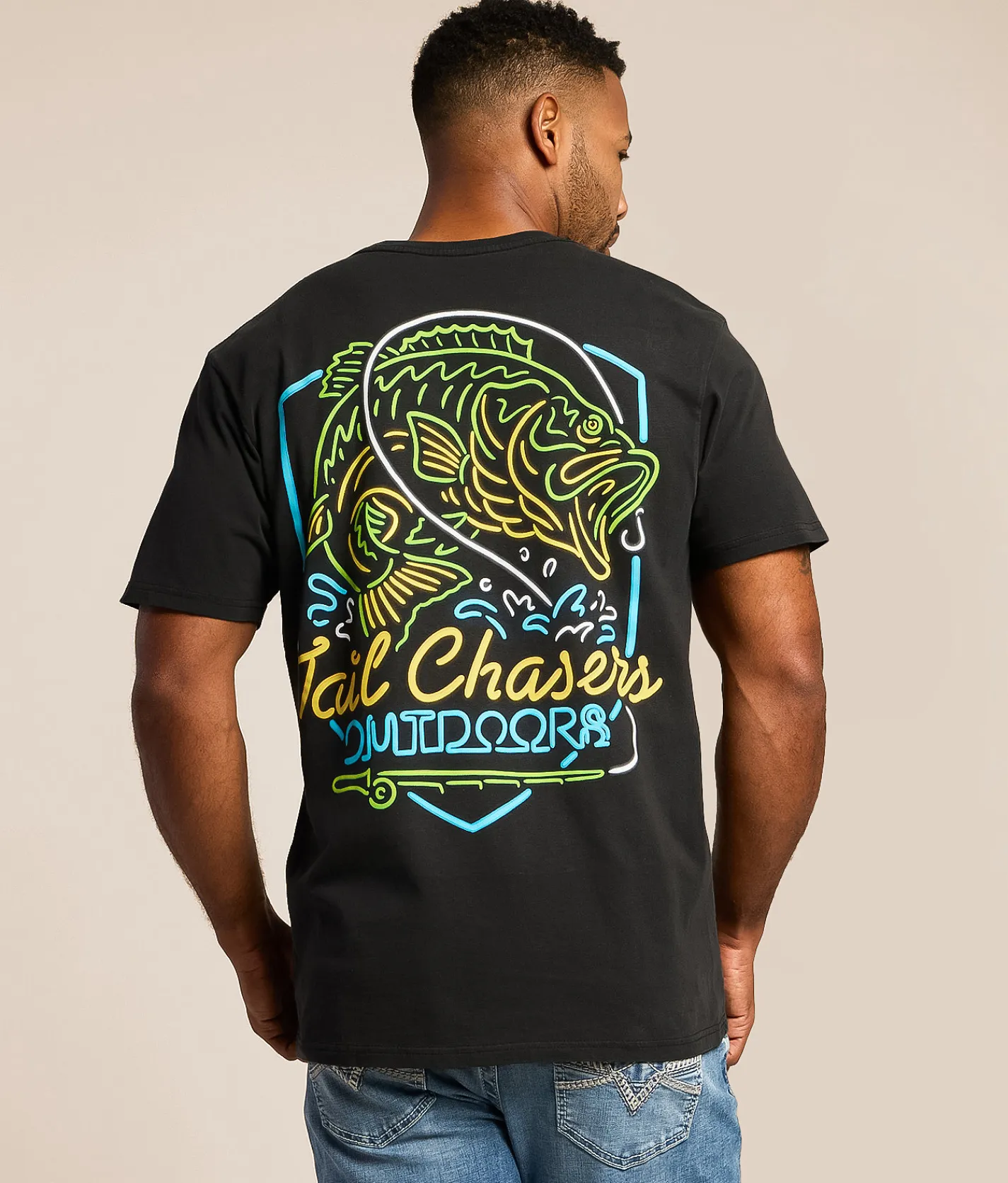Tops|Graphic T-Shirts | Tail Chasers Club Neon Bass T-Shirt Black Pigment Dye