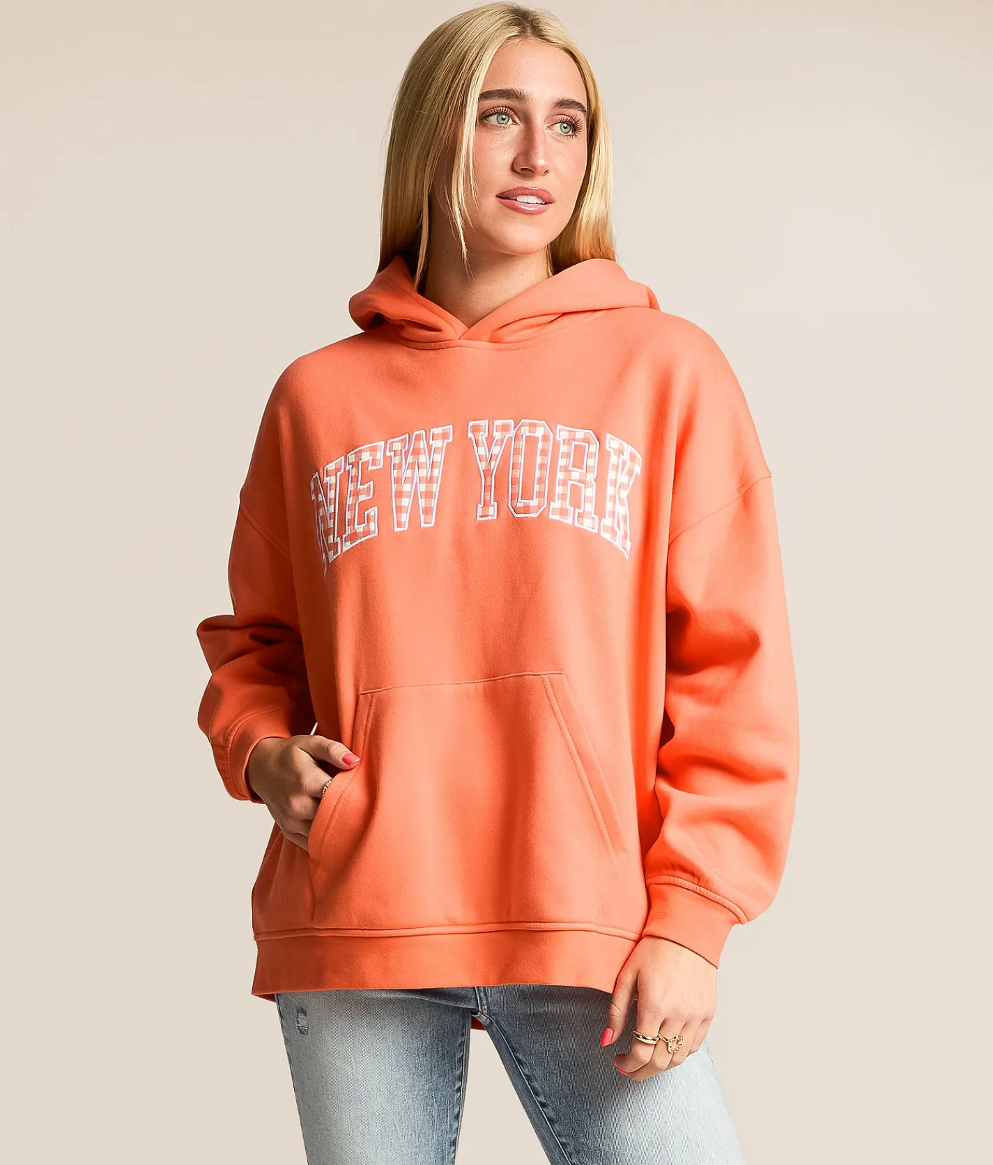 FITZ + EDDI New York Gingham Hooded Sweatshirt Coral Quartz Online
