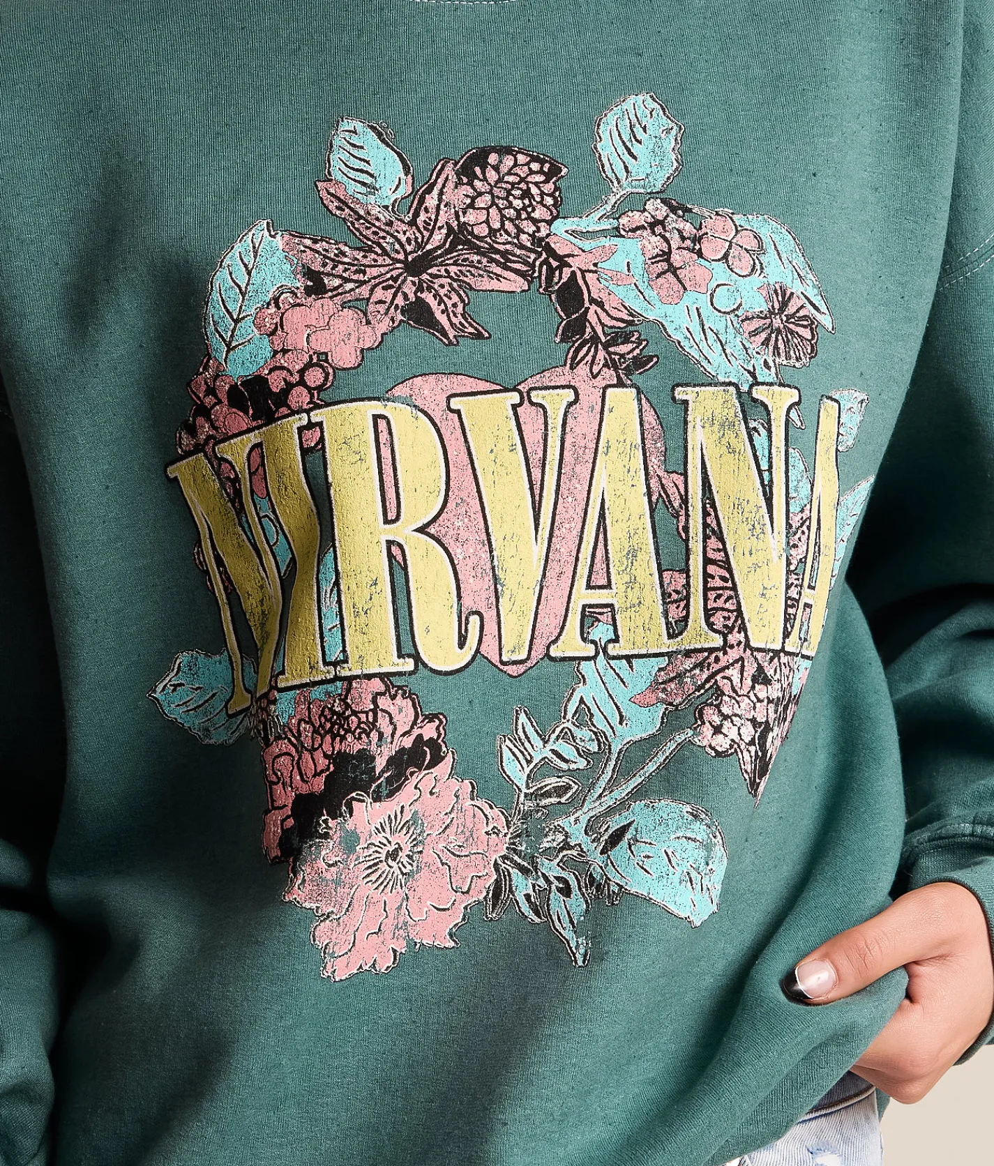 Tops | Merch Traffic Nirvana Floral Oversized Band Pullover Green