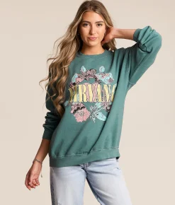 Tops | Merch Traffic Nirvana Floral Oversized Band Pullover Green