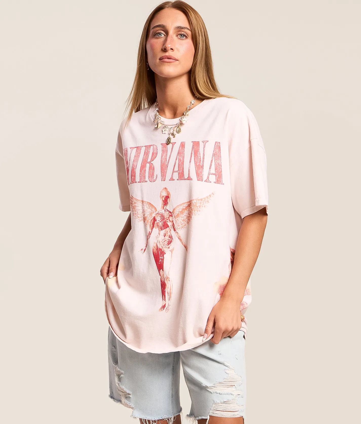 Merch Traffic Nirvana Floral Oversized Band T-Shirt Light Pink Clearance
