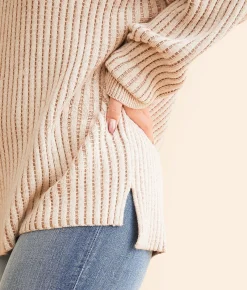 Tops | BKE Notch Neck Oversized Waffle Sweater Taupe Cream
