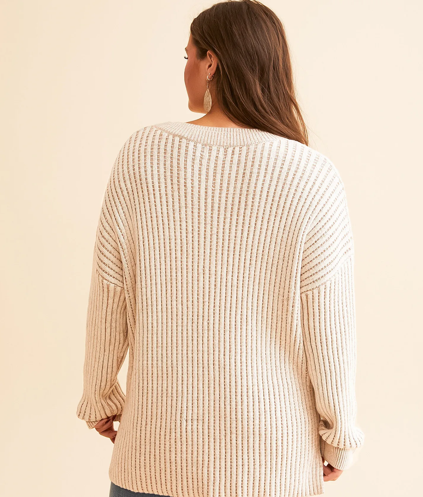 Tops | BKE Notch Neck Oversized Waffle Sweater Taupe Cream