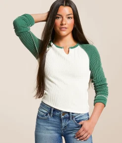 Tops | FITZ + EDDI Notch Neck Raglan Top White Antique Green