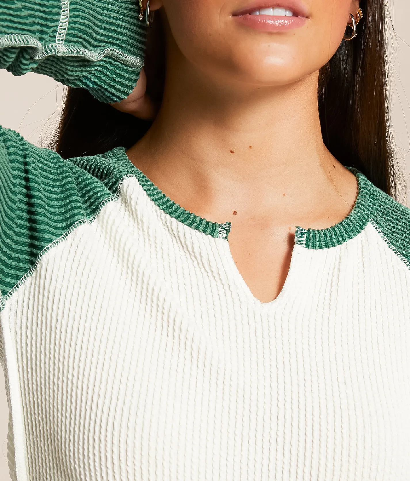 Tops | FITZ + EDDI Notch Neck Raglan Top White Antique Green