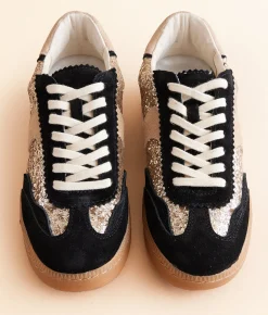 Dolce Vita Notice Leather Glitter Sneaker Black Gold Sale