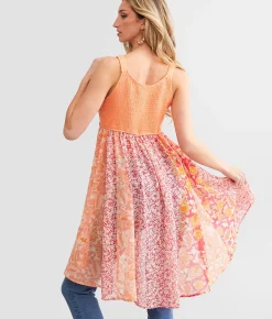 Tops | Miss Me Nubby Floral Chiffon Tunic Tank Top Coral Multi