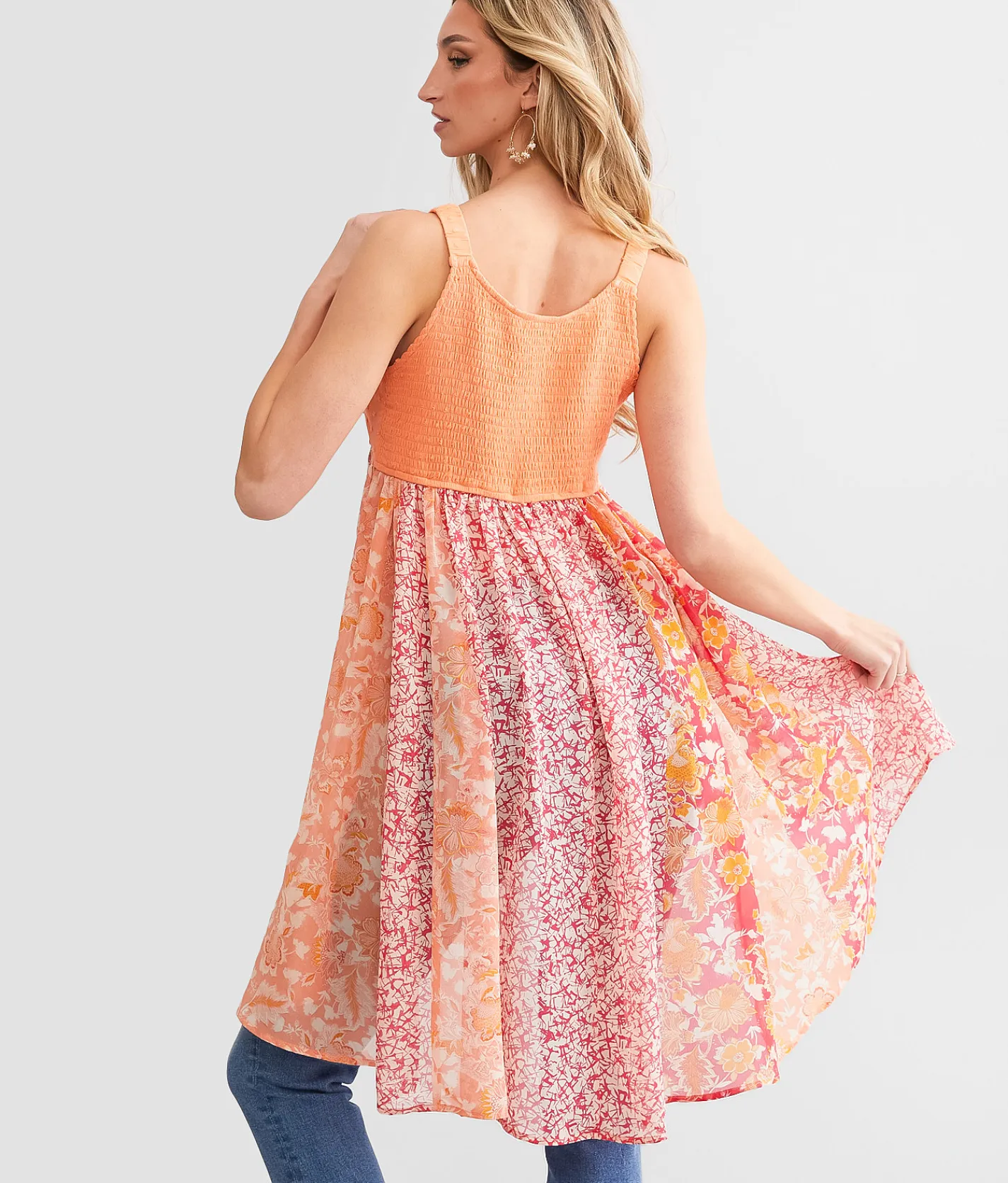 Tops | Miss Me Nubby Floral Chiffon Tunic Tank Top Coral Multi