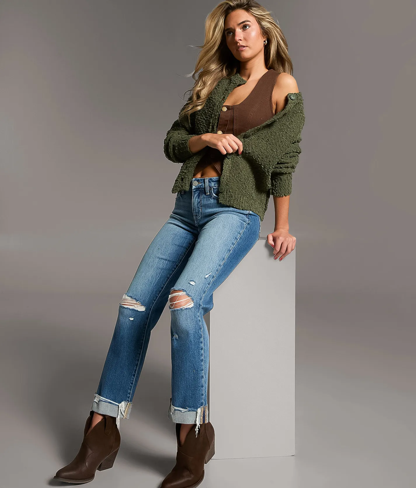 Tops | BKE Nubby Textured Cardigan Sweater Thyme