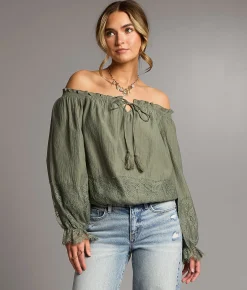Tops | BKE Off The Shoulder Crinkle Top Sage