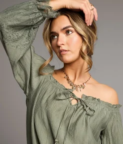 Tops | BKE Off The Shoulder Crinkle Top Sage